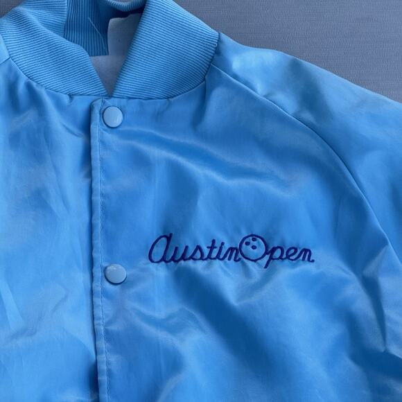 VTG Austin Open Blue Satin Bomber Jacket Mens Medium Varsity Bowling Texas - Picture 1 of 6
